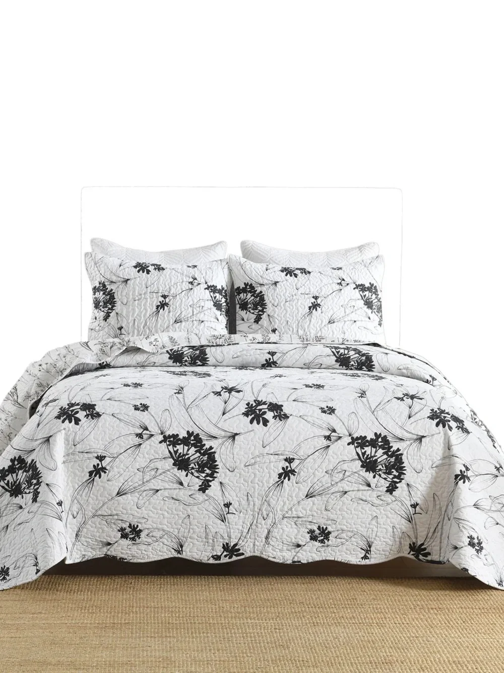 3 PIECE POLYESTER BLACK AND WHITE BOTANICAL FLORAL QUILT BEDSPREAD SET